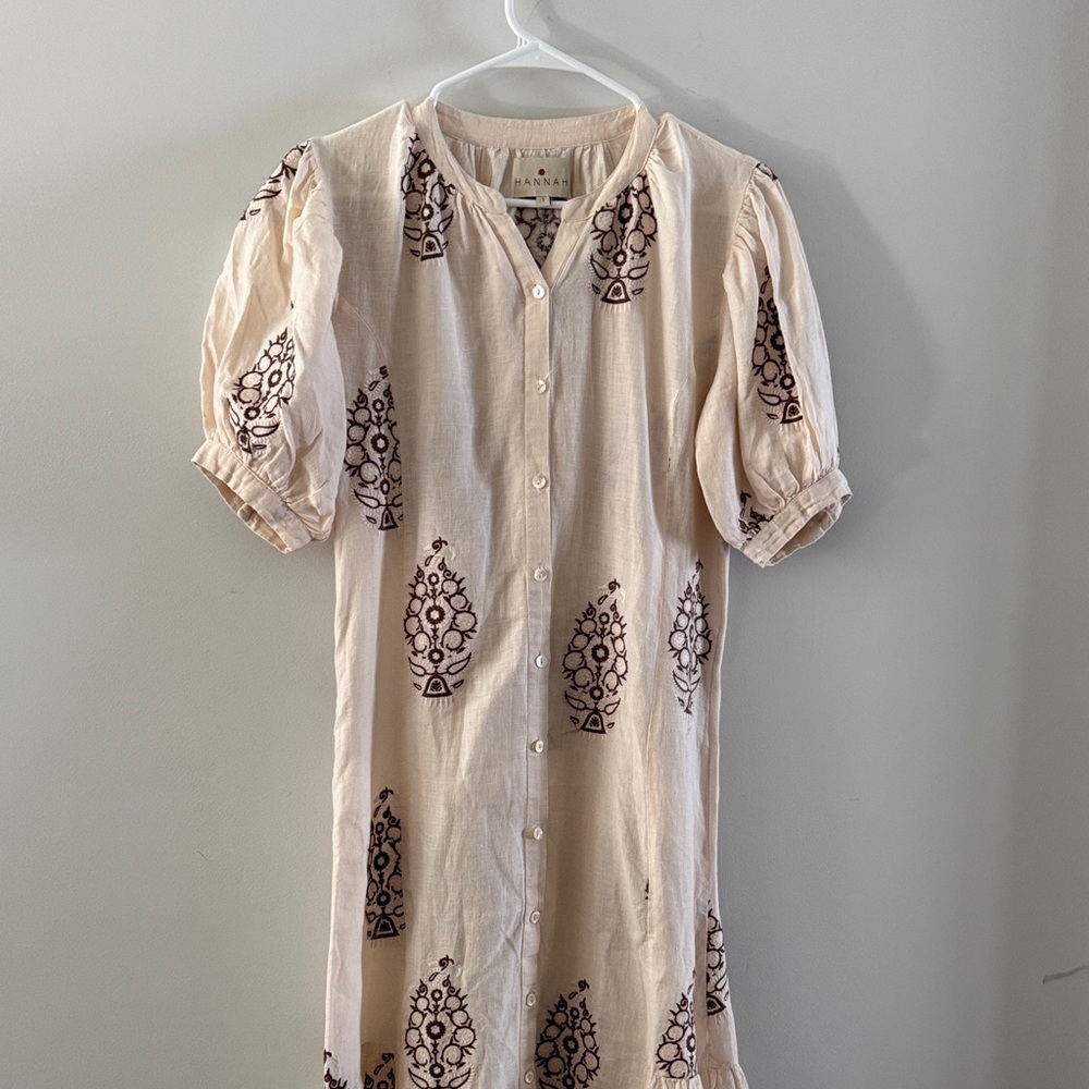 Hannah Cream Midi Dress with Brown Block Motif